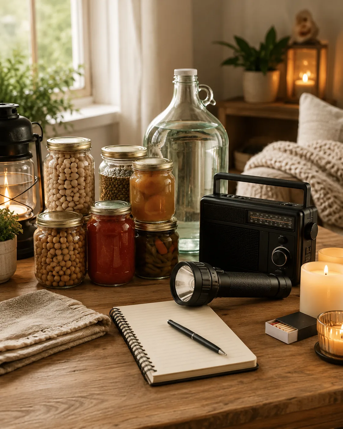 Notfallvorsorge mit Vorräten, Wasser, Radio, Taschenlampe und Kerzen
