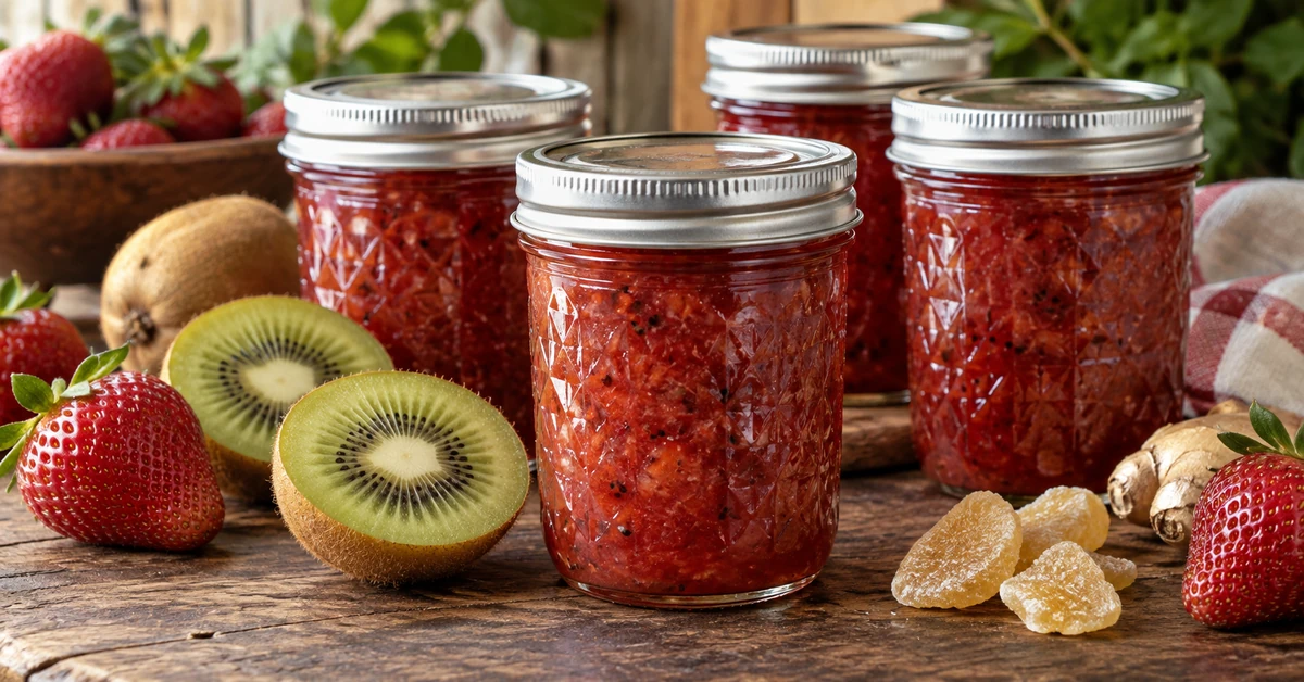 Erdbeer-Kiwi-Marmelade mit kandiertem Ingwer