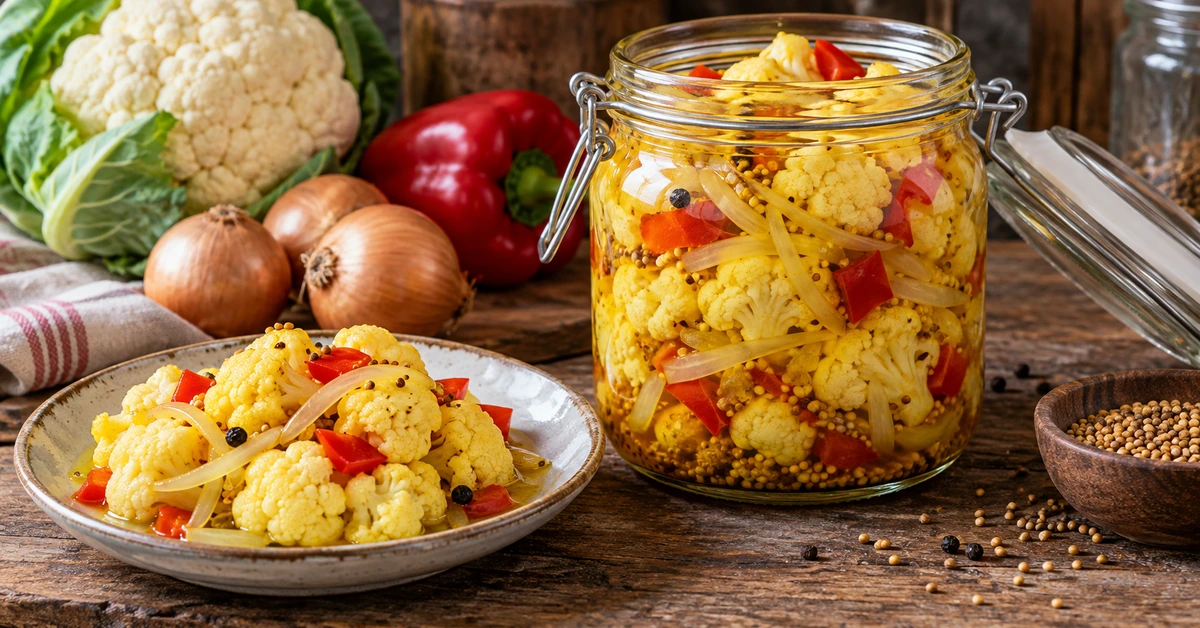 Sauer eingelegter Blumenkohl mit Paprika