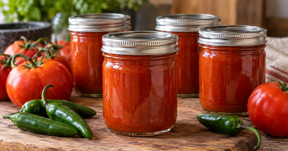 Scharfe Serrano-Tomatensauce im Glas