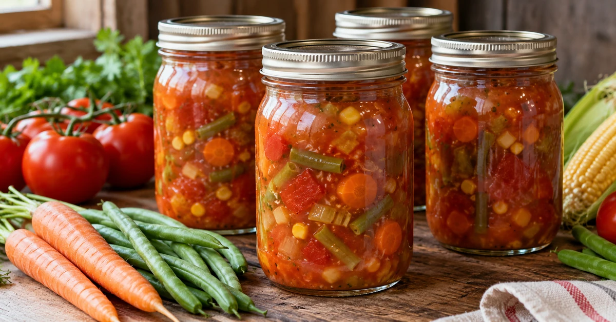 Tomaten-Gemüsesuppe mit Karotten, Fisolen, Mais und Erdäpfeln